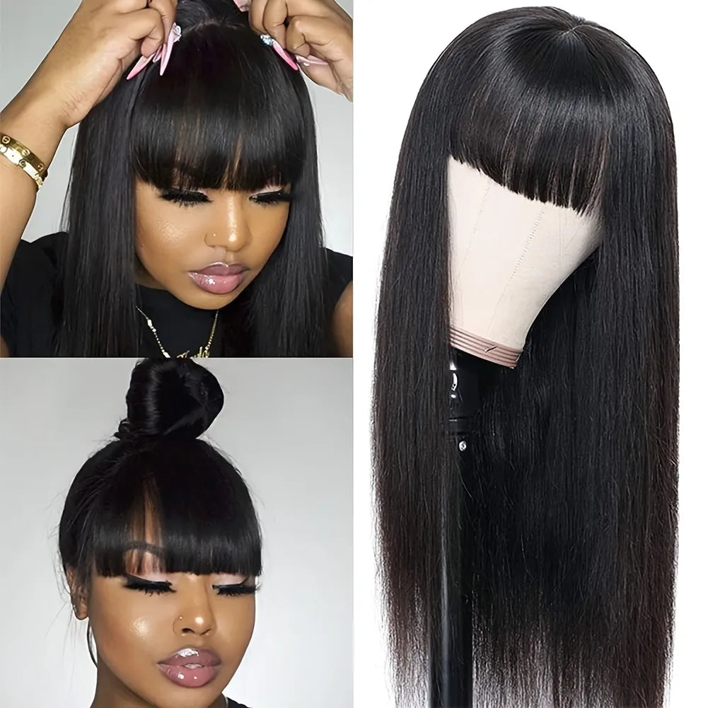 180% Silky Bone Straight Brazilian Human Hair Wigs With Bangs