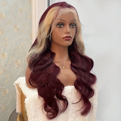 Frontal Color Mix Golden Blonde/Burgundy 13x4 HD Transparent Pre Plucked Lace Front Human Hair Body Wave Wig