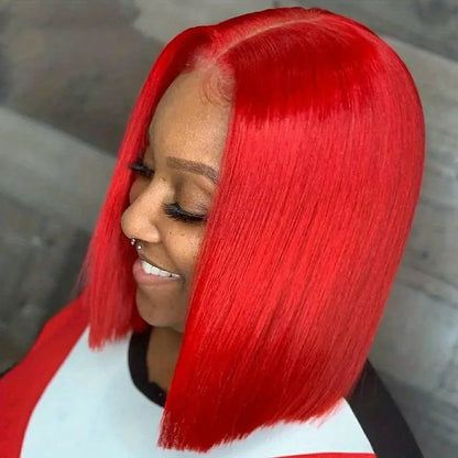 200% Density Bright Red 13x4 Lace Frontal Straight Brazilian Remy Human Hair Bob Wig