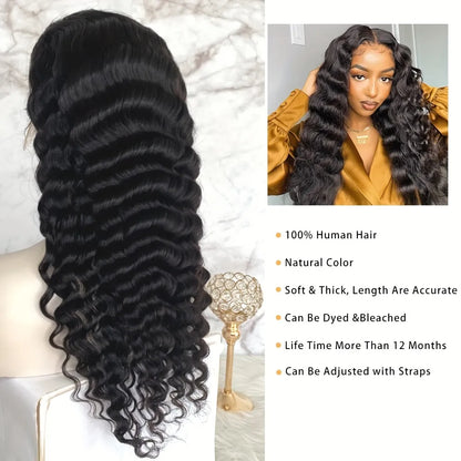 180% Natural Black 13x4 T Part Lace Frontal Transparent Pre Plucked Lace Front Human Hair Deep Wave Wig