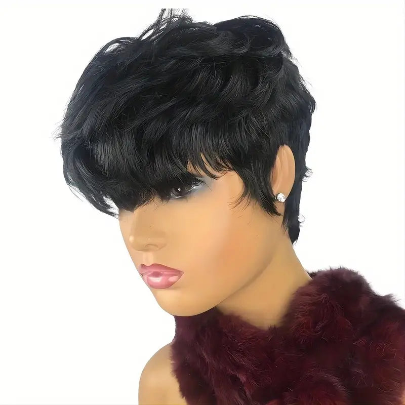 180% Density Natural Black Layered Pixie Cut Wavy Short Human Hair Wigs with Bangs