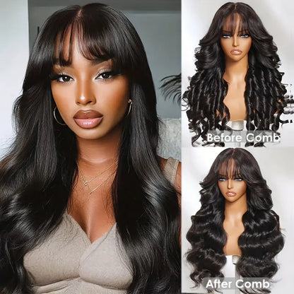 180% Natural Black Body Wave With Fringe 13x4 Lace Frontal Human Hair Wig