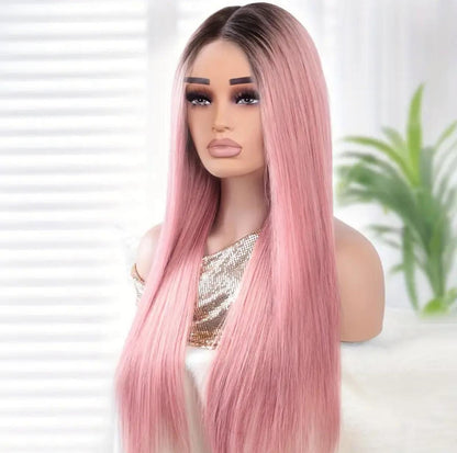 180% Density 13x5x1 T Part Pink Straight Human Hair Lace Front Wig with Dark Root, Pre Plucked Natural Hairline &amp; Baby Hair