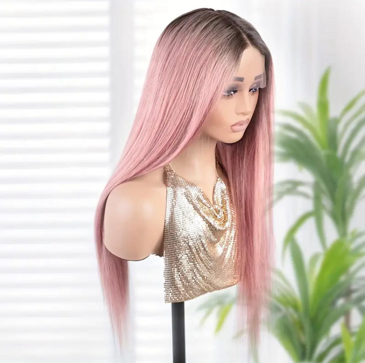 180% Density 13x5x1 T Part Pink Straight Human Hair Lace Front Wig with Dark Root, Pre Plucked Natural Hairline &amp; Baby Hair