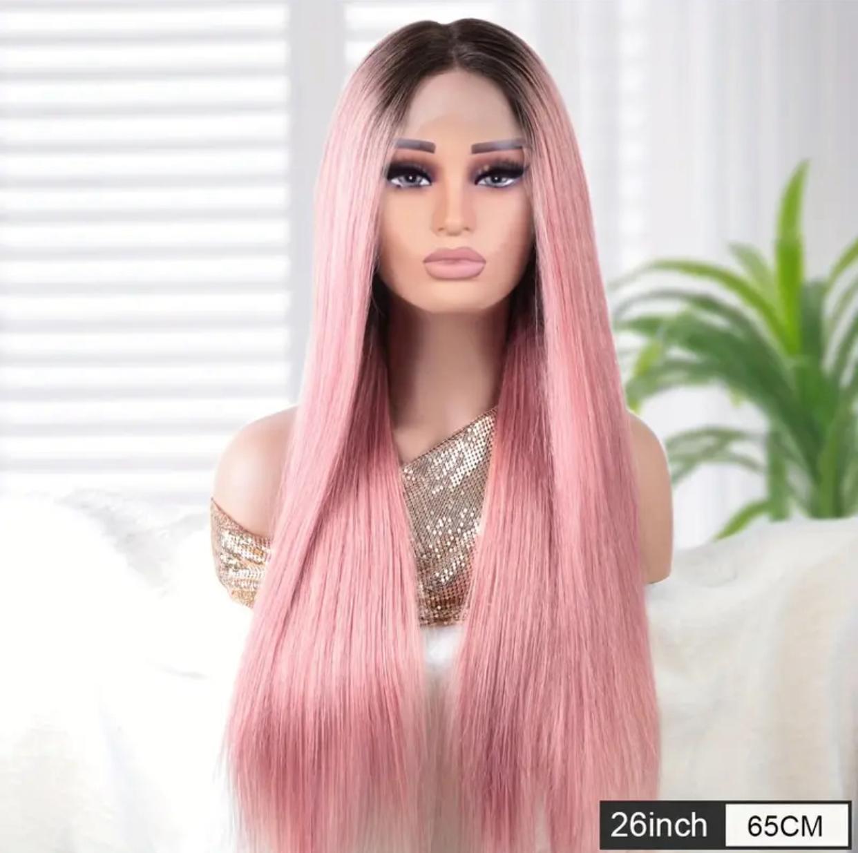 180% Density 13x5x1 T Part Pink Straight Human Hair Lace Front Wig with Dark Root, Pre Plucked Natural Hairline &amp; Baby Hair