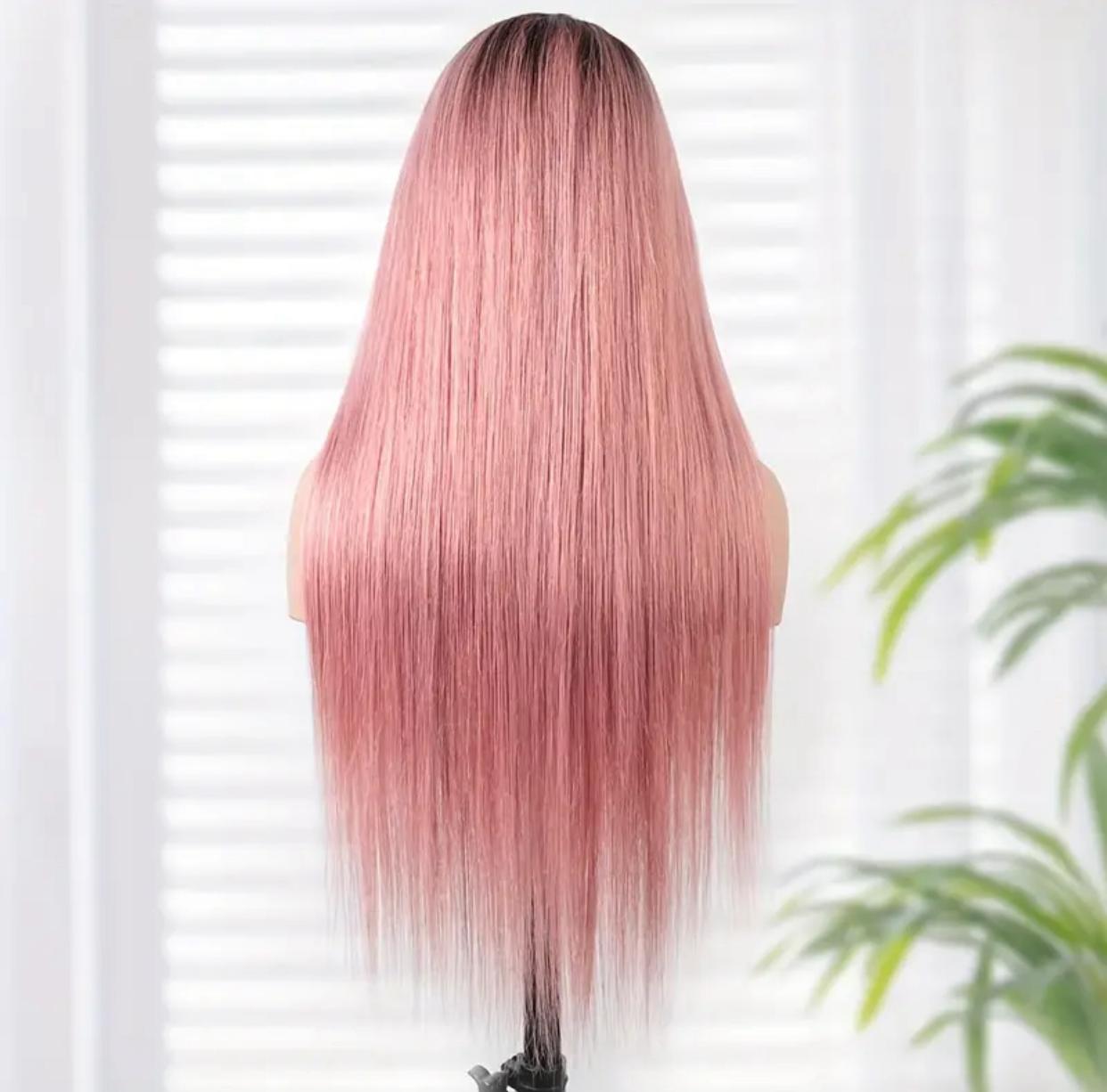 180% Density 13x5x1 T Part Pink Straight Human Hair Lace Front Wig with Dark Root, Pre Plucked Natural Hairline &amp; Baby Hair