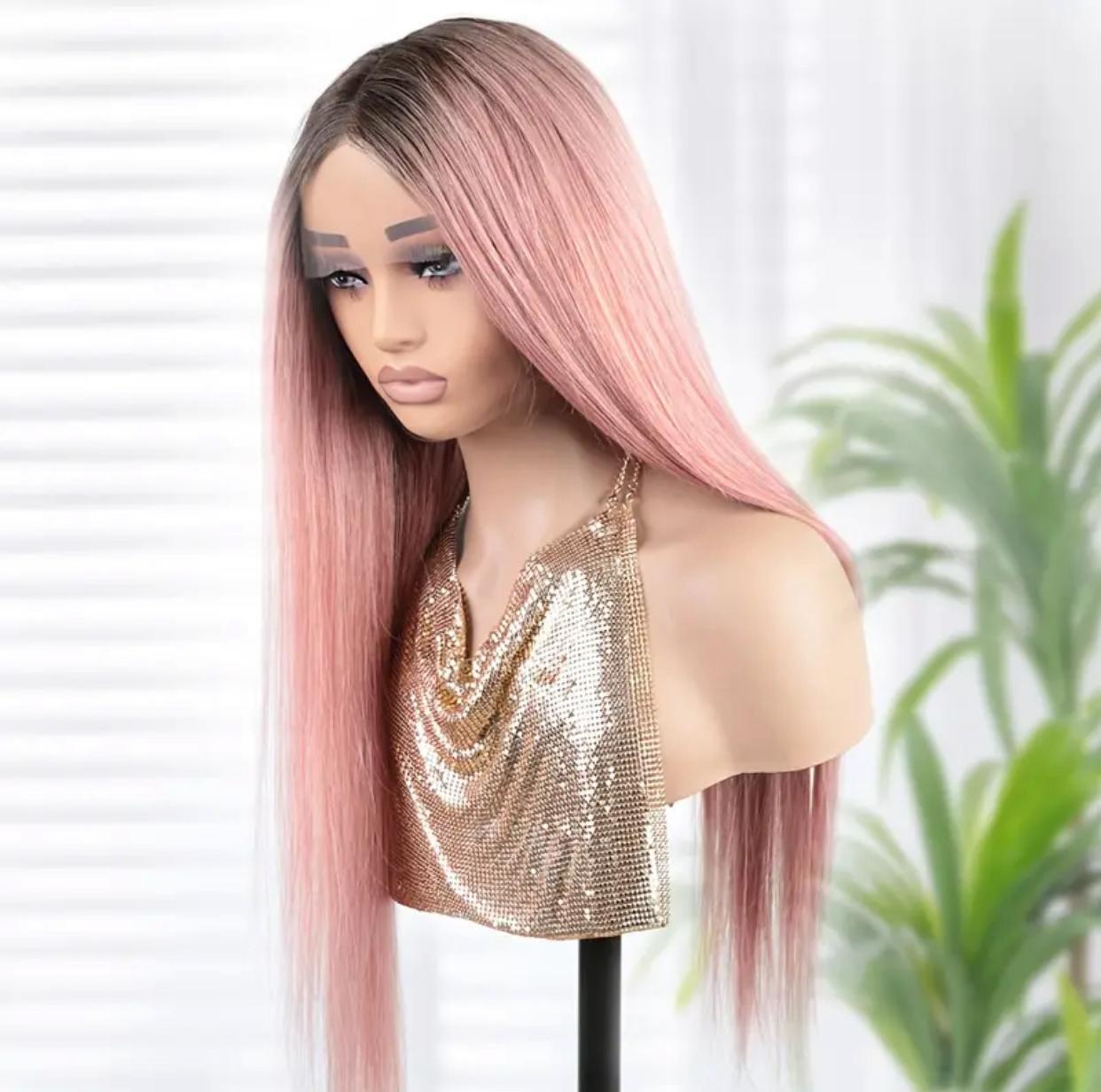 180% Density 13x5x1 T Part Pink Straight Human Hair Lace Front Wig with Dark Root, Pre Plucked Natural Hairline &amp; Baby Hair