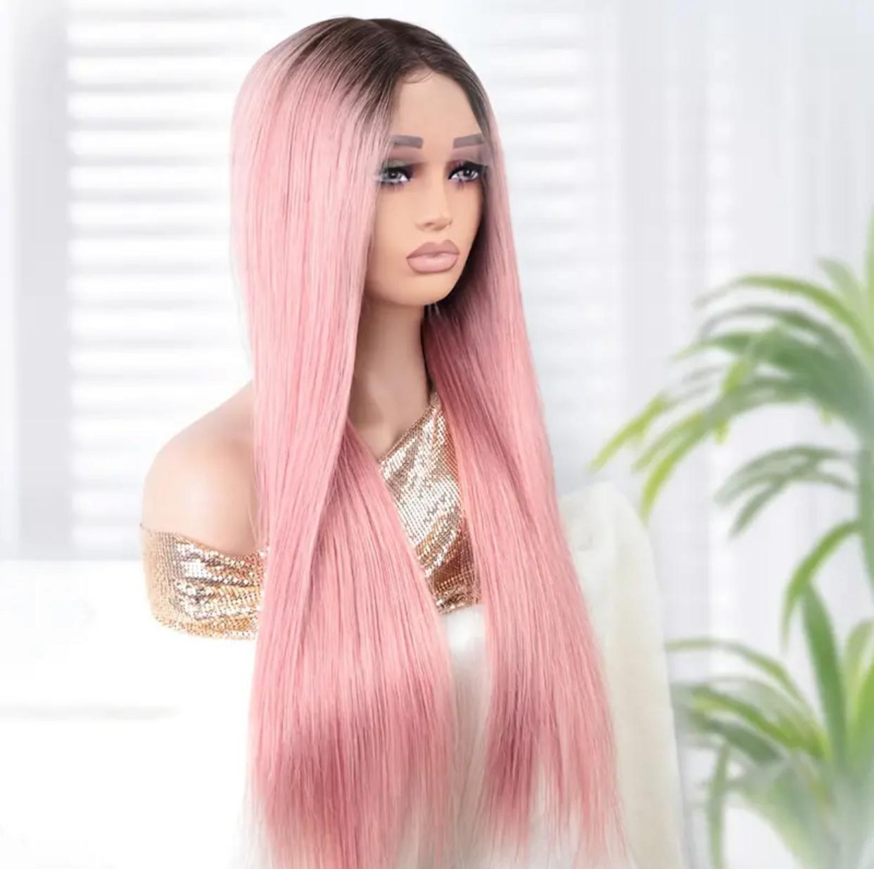 180% Density 13x5x1 T Part Pink Straight Human Hair Lace Front Wig with Dark Root, Pre Plucked Natural Hairline &amp; Baby Hair