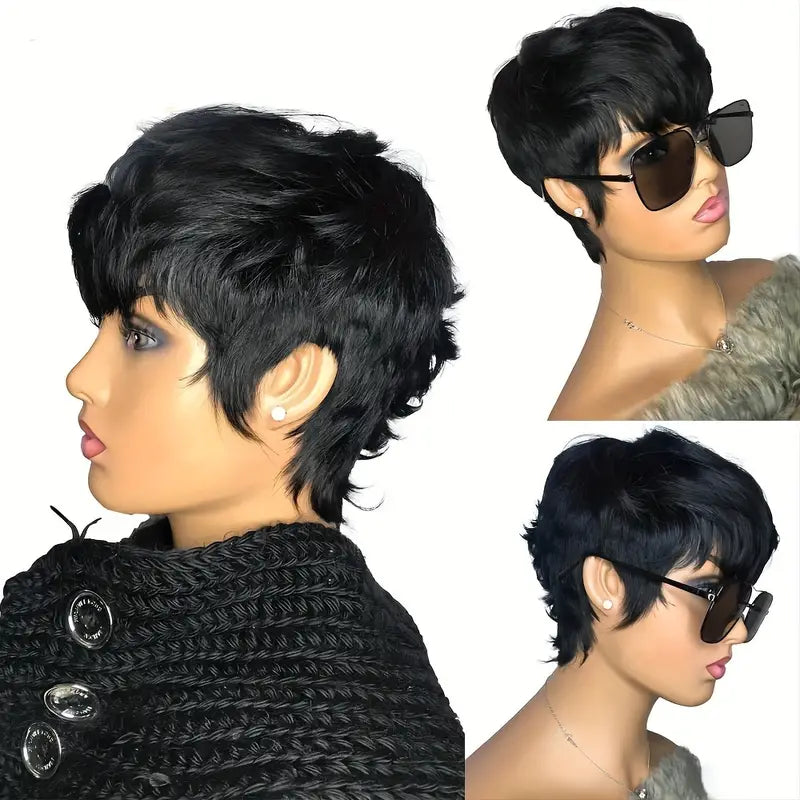 180% Density Natural Black Layered Pixie Cut Wavy Short Human Hair Wigs with Bangs