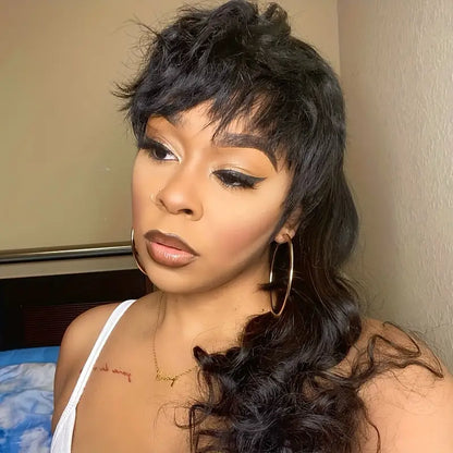 Natural Black Human Hair Body Wave Dovetail Mullet GluelessWig With Bangs in 16 Inches