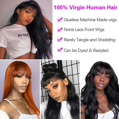 180% Silky Bone Straight Brazilian Human Hair Wigs With Bangs