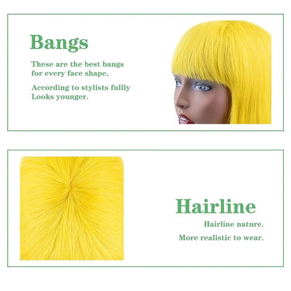 Yellow Brazilian Straight Human Hair None Lace Front Machine Made Bob Wig with Bangs