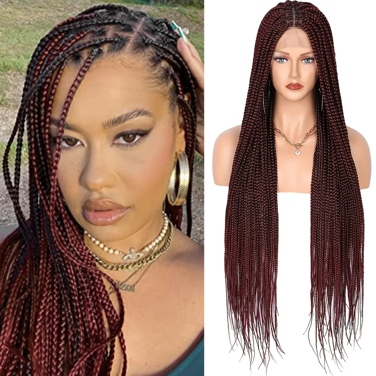 Knotless Box Braided Lace Wig Medium Braids 100% Handmade 