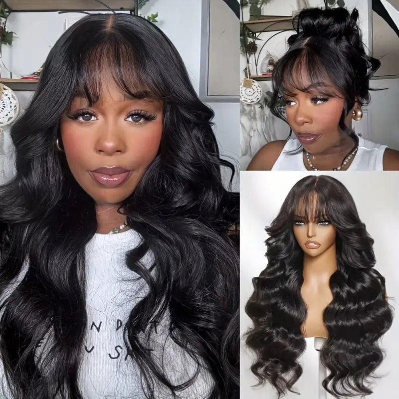 180% Natural Black Body Wave With Fringe 13x4 Lace Frontal Human Hair Wig