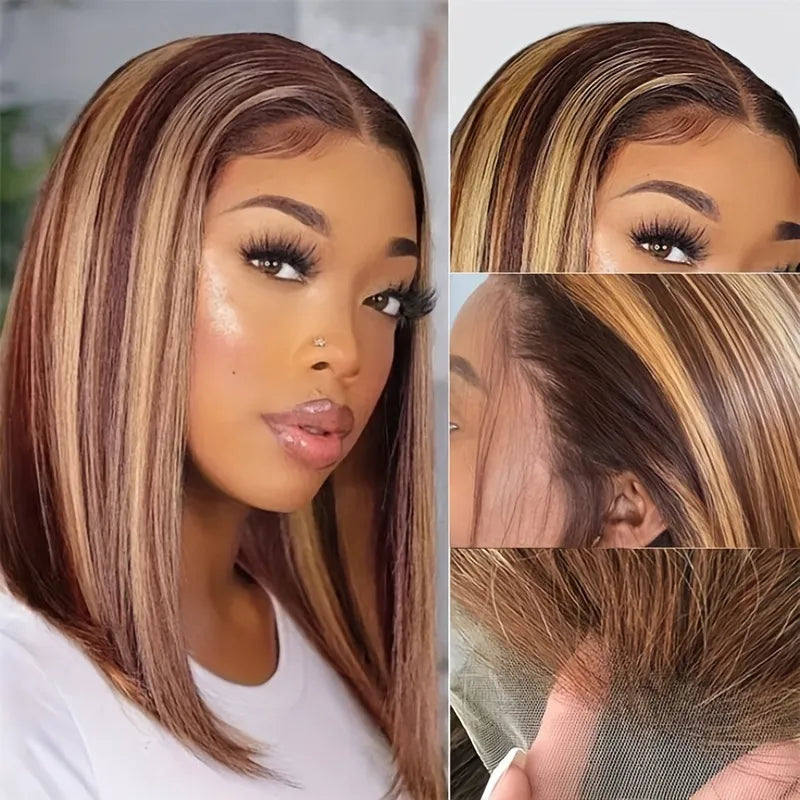 180% Density Ombre Brown Highlights 13x4 Lace Frontal Straight Brazilian Human Hair Bob Wig