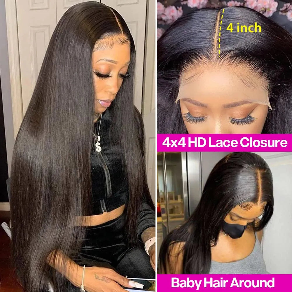 150% Natural Black 4x4 Lace Front Brazilian Remy Human Hair Silky Straight Wig