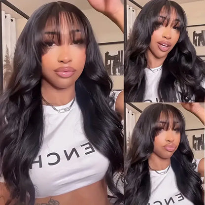 180% Natural Black Body Wave With Fringe 13x4 Lace Frontal Human Hair Wig