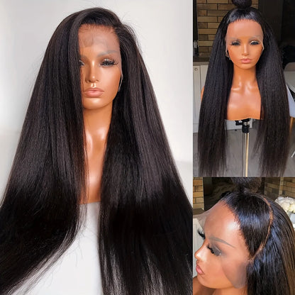 180% 360 Frontal Yaki Straight Human Hair Wigs HD Transparent Curly Pre Plucked Wig with Baby Hair