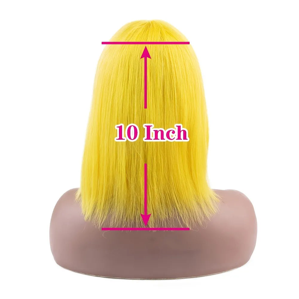 Yellow Brazilian Straight Human Hair None Lace Front Machine Made Bob Wig with Bangs