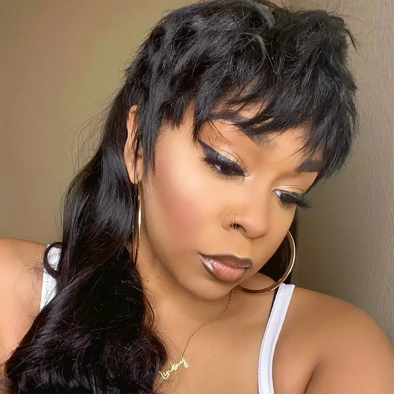 Natural Black Human Hair Body Wave Dovetail Mullet GluelessWig With Bangs in 16 Inches