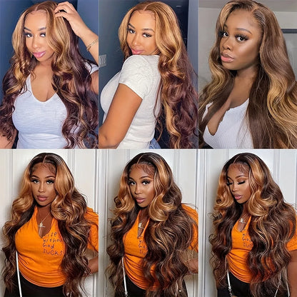 150% Ombré Highlights Honey Blonde 13x4 Lace Frontal Body Wave Human Hair Wig