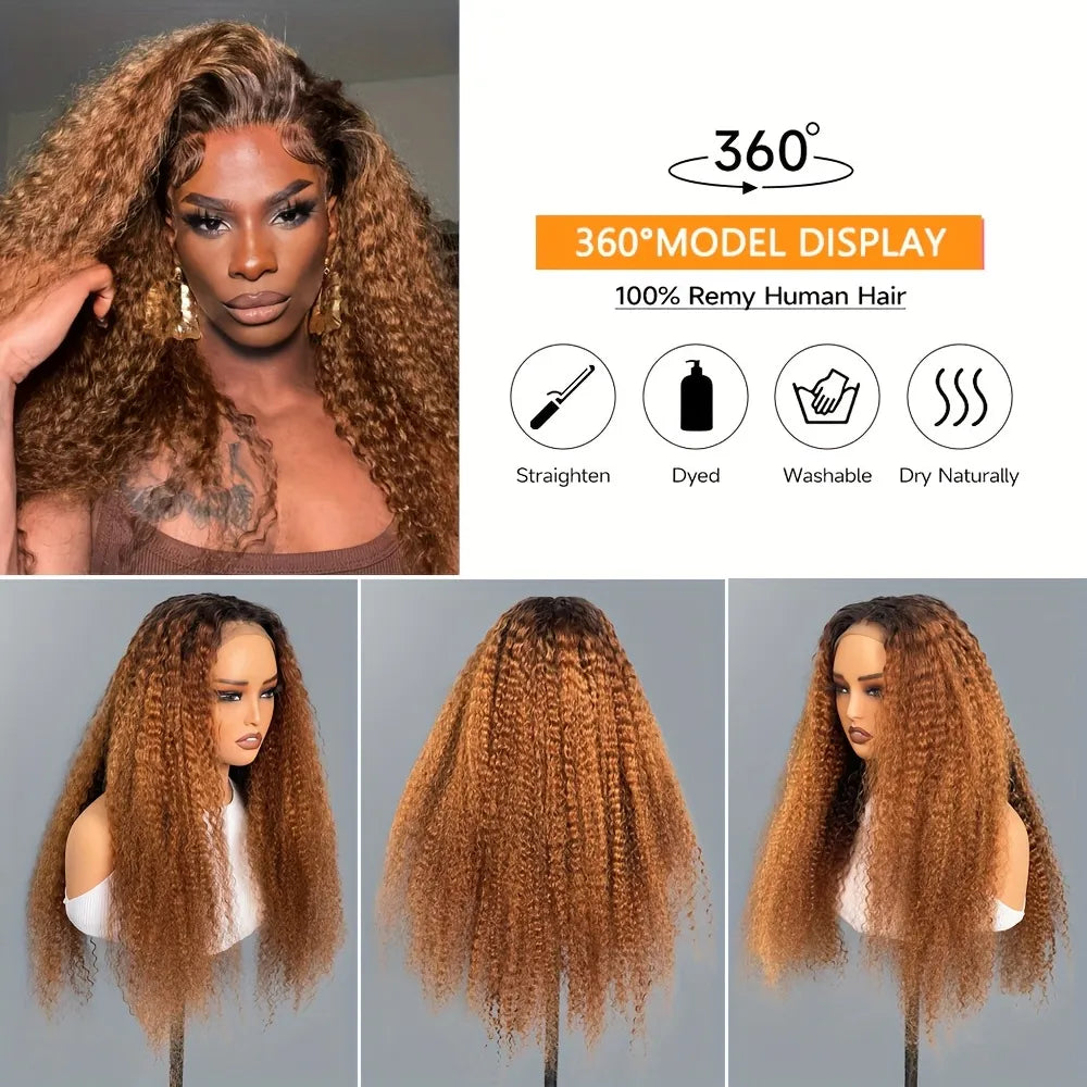 200% Ombre Caramel Brown 13x4 Lace Front Kinky Curly Lace Frontal Human Hair Wig.