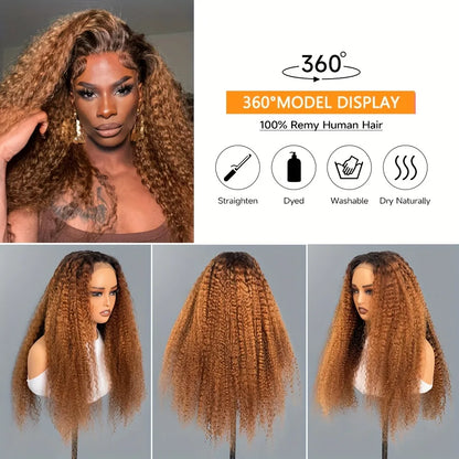 200% Ombre Caramel Brown 13x4 Lace Front Kinky Curly Lace Frontal Human Hair Wig.