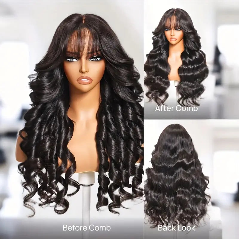 180% Natural Black Body Wave With Fringe 13x4 Lace Frontal Human Hair Wig