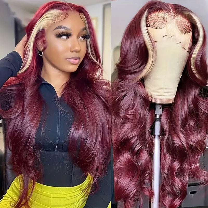 Frontal Color Mix Golden Blonde/Burgundy 13x4 HD Transparent Pre Plucked Lace Front Human Hair Body Wave Wig