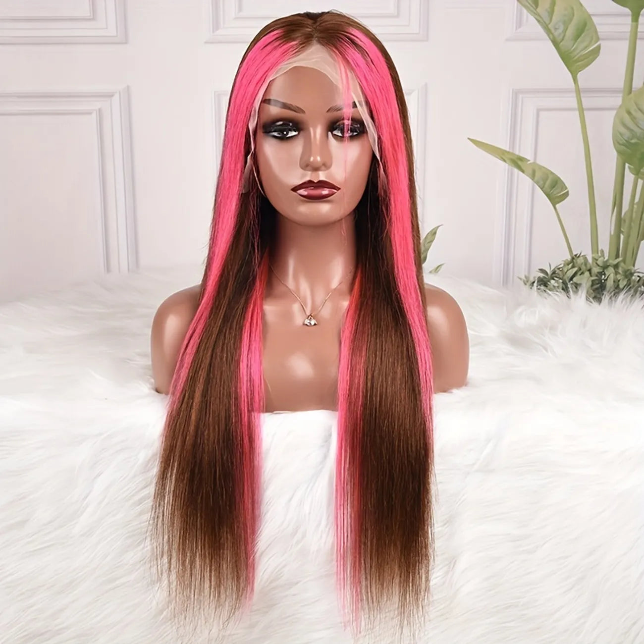 180% Ombré Chocolate/ Pink 13x4 Lace Front Brazilian Remy Human Hair Silky Straight Wig