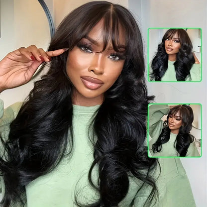 180% Natural Black Body Wave With Fringe 13x4 Lace Frontal Human Hair Wig