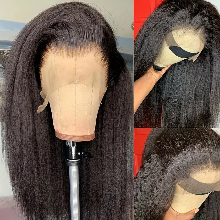 180% 360 Frontal Yaki Straight Human Hair Wigs HD Transparent Curly Pre Plucked Wig with Baby Hair