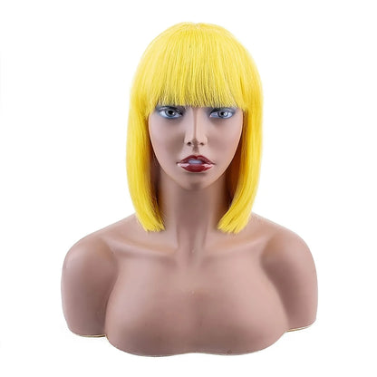 Yellow Brazilian Straight Human Hair None Lace Front Machine Made Bob Wig with Bangs