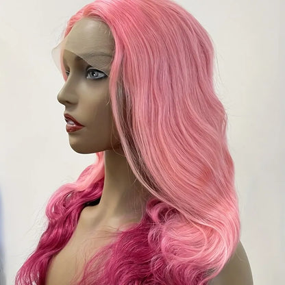 150% Ombre Baby Pink and Hot Pink T Lace Front Human Hair Body Wave Glueless Wig