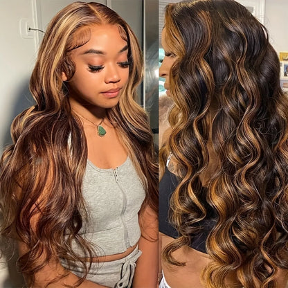 180% Ombre Highlight Honey Blonde 4x4 Lace Closure Body Wave Human Hair Wig