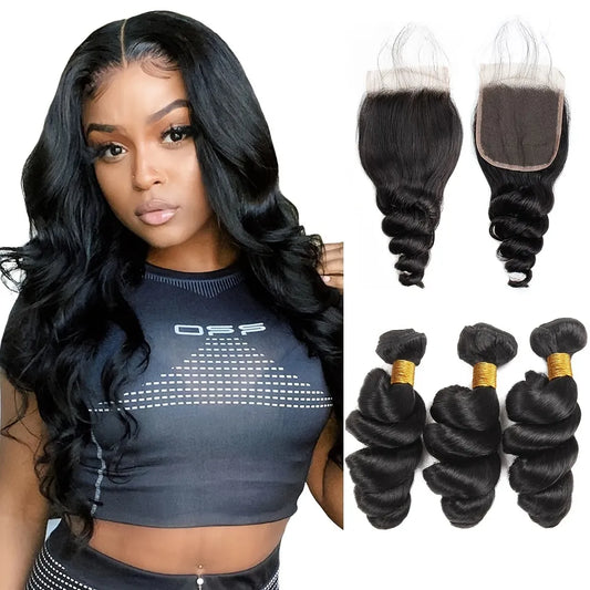 Natural Black Body Wave Brazilian Human hair 3 PCs Bundles with 5x5 lace Closure (Free Part)