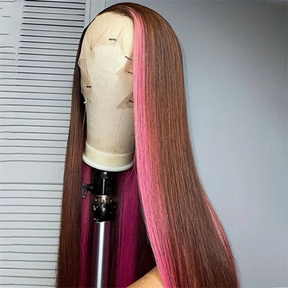 180% Ombré Chocolate/ Pink 13x4 Lace Front Brazilian Remy Human Hair Silky Straight Wig