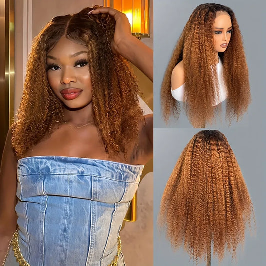 200% Ombre Caramel Brown 13x4 Lace Front Kinky Curly Lace Frontal Human Hair Wig.