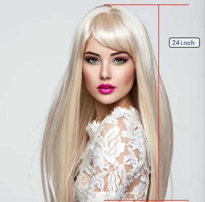 Platinum Blonde Heat Resistant Synthetic Long Straight Wigs With Bangs