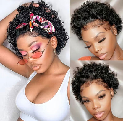 Natural Black Remy Brazilian Curly Pixie Cut Wig