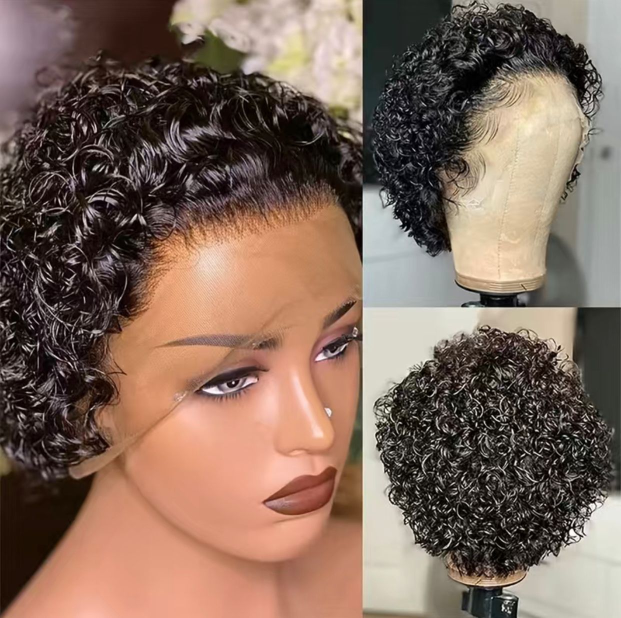 Natural Black Remy Brazilian Curly Pixie Cut Wig