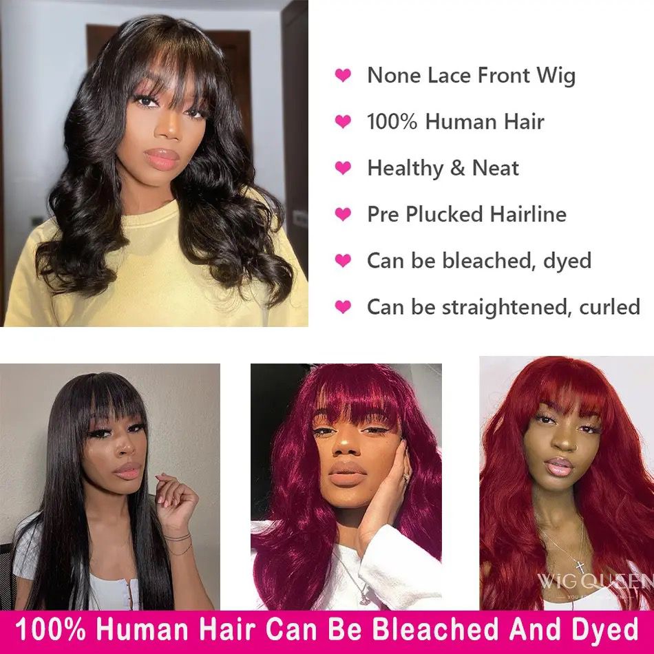 Long Body Wave Fringe Human Hair Wigs With Bangs