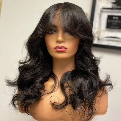 Long Body Wave Fringe Human Hair Wigs With Bangs