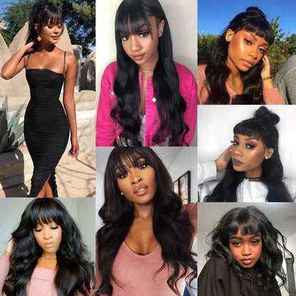 Long Body Wave Fringe Human Hair Wigs With Bangs