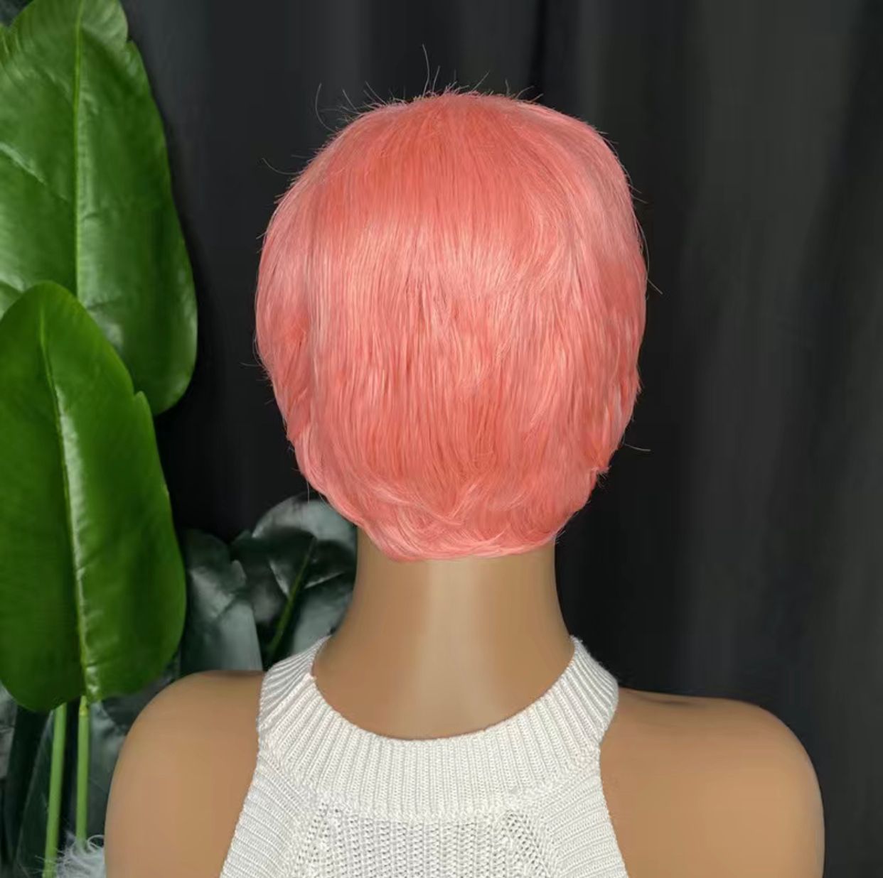 Pink Human Hair Blend Pixie Cut Layered Wavy Wig