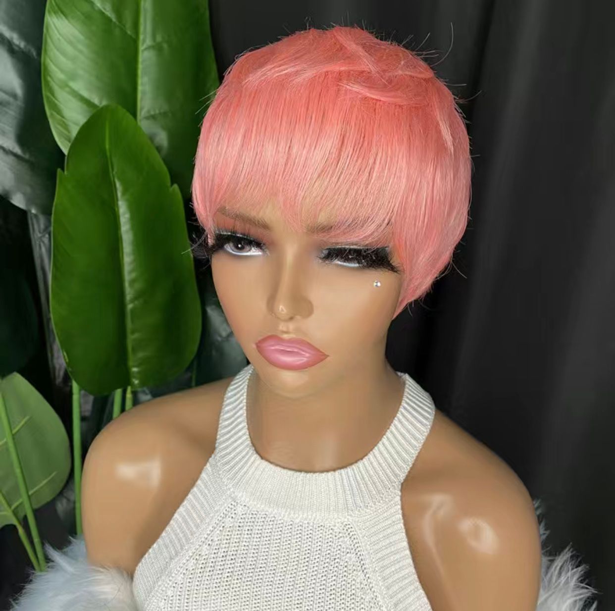 Pink Human Hair Blend Pixie Cut Layered Wavy Wig