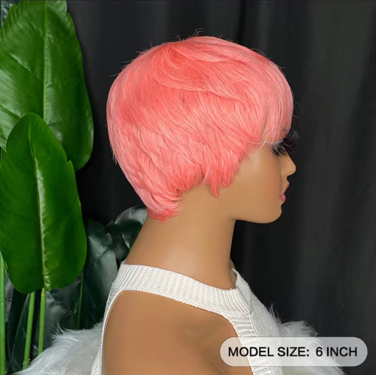 Pink Human Hair Blend Pixie Cut Layered Wavy Wig