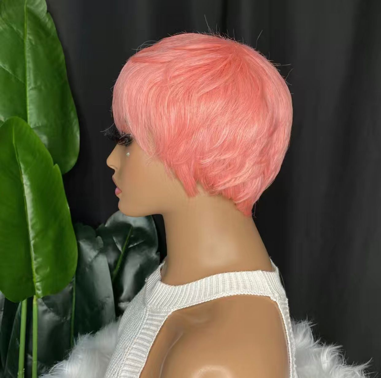 Pink Human Hair Blend Pixie Cut Layered Wavy Wig