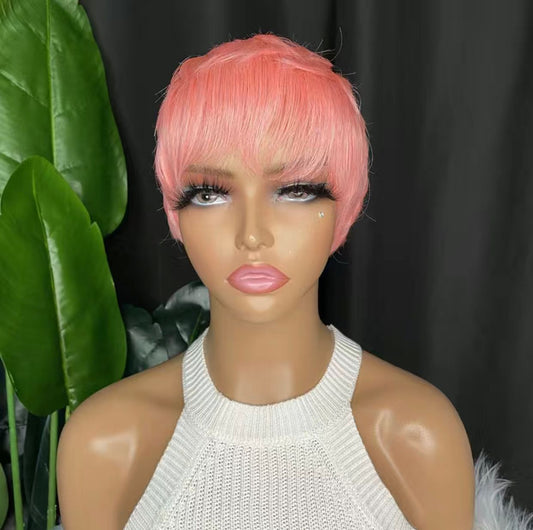 Pink Human Hair Blend Pixie Cut Layered Wavy Wig