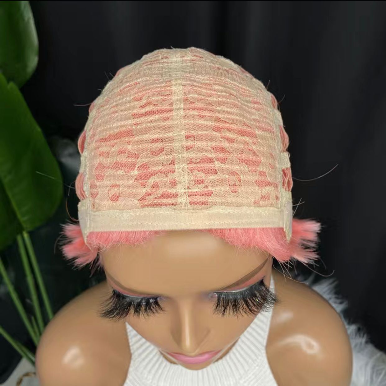 Pink Human Hair Blend Pixie Cut Layered Wavy Wig